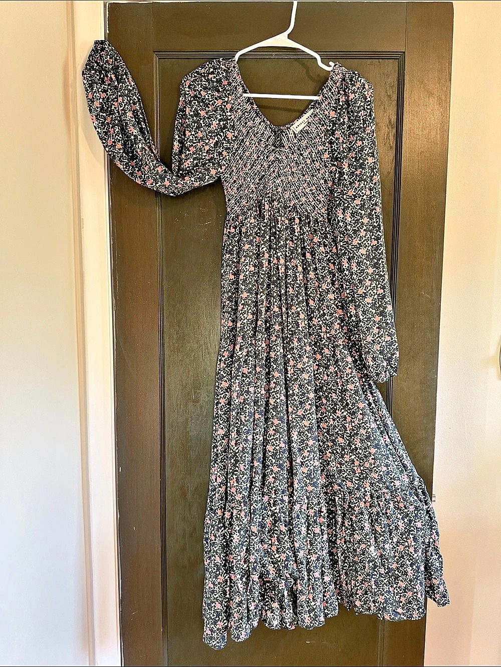 Floral Smocked Maxi Dress in Green with Pink Flowers